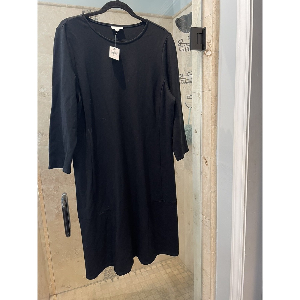 J Jill Womens Large L Ponte Knit Tunic Dress Black 3/4 Sleeve Stretch A-Line NEW